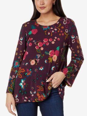 Johnny Was Adrina High Neck Swing Tunic Top Long Bell Sleeve Knit Burgundy